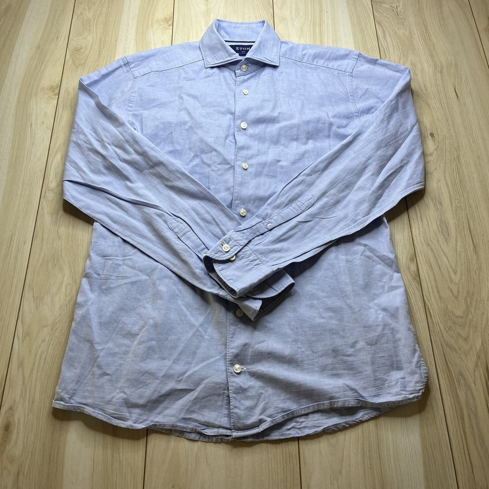 Eton Slim Casual Button Up Shirt Cotton Silk Blend Blue Mens Size Medium 15 1/2 - Picture 2 of 13